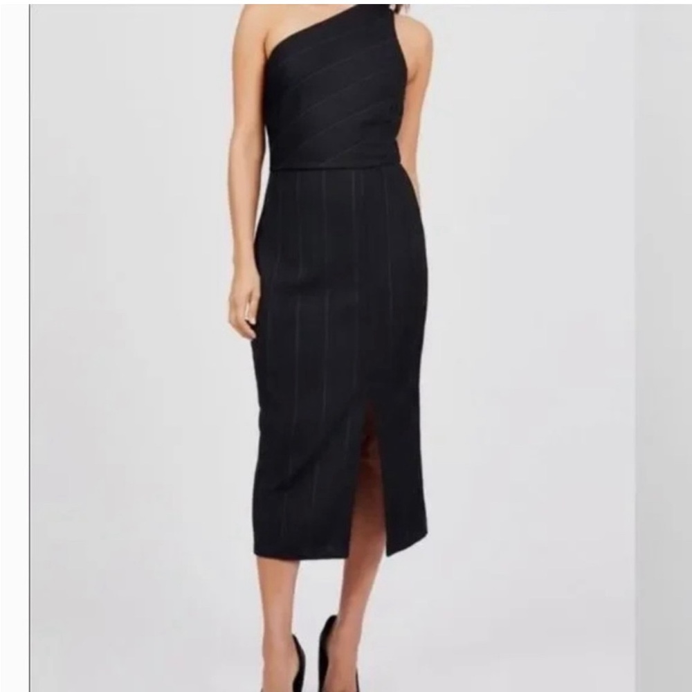 BCBGeneration Black One Shoulder Bodycon Midi Dress With Slit. Sheath Dress. Med